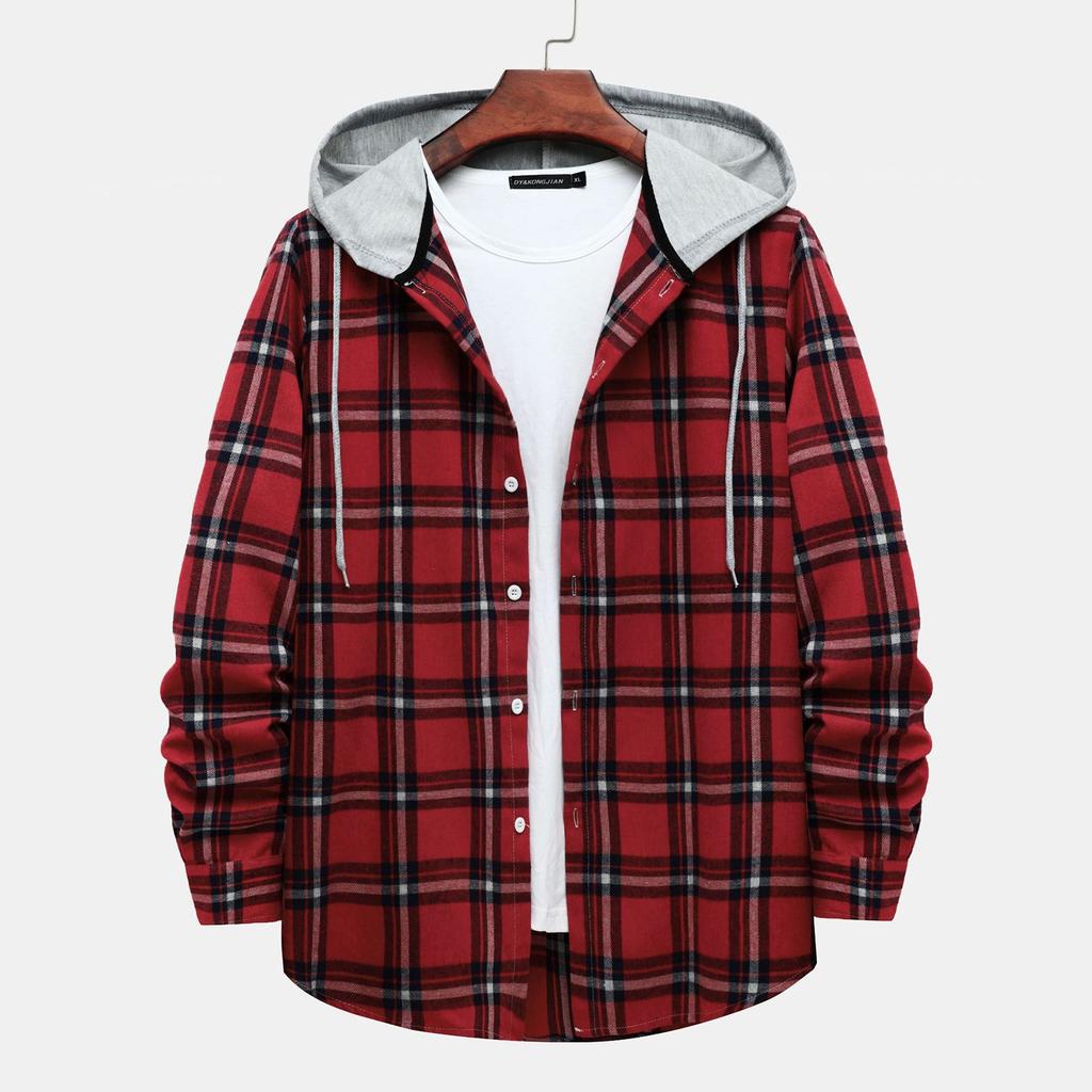 Autumn New Men's Casual Fashion Couple Hooded Plaid Long Sleeve Shirt Trend