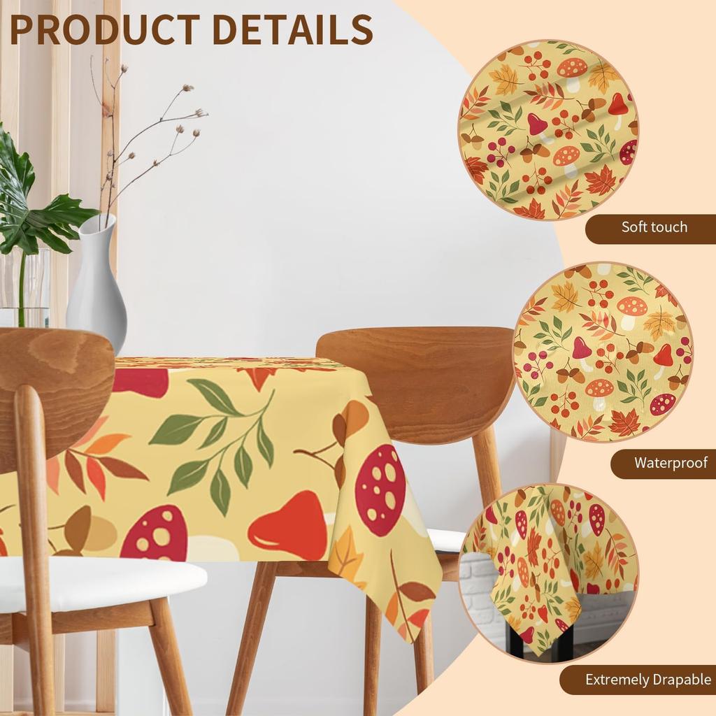 Rustic Autumn Maple Leaf and Mushroom Square Tablecloth Washable Thanksgiving Holiday Table Cloth Cover for Dining Party Picnic