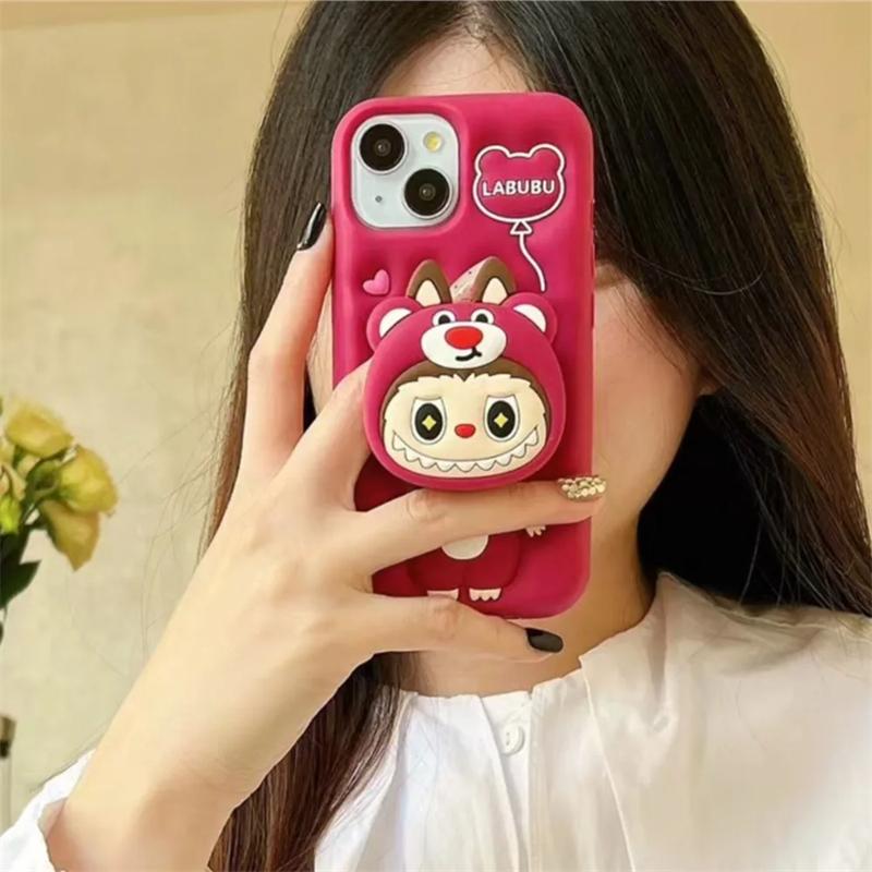 3D Cute Funny Cartoon Lotso Hat Labubu Holder Phone Case For iPhone 17 16 15 14 13 12 11 Pro Max Soft Silicone Cover