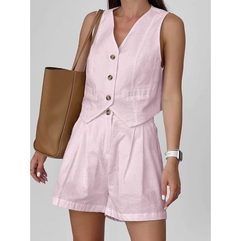 

Fashion Wind New Arrival Fashion Pure Color Sleeveless Waistcoat Vest Shorts Two-piece Set Vest and Shorts Set Pink S
