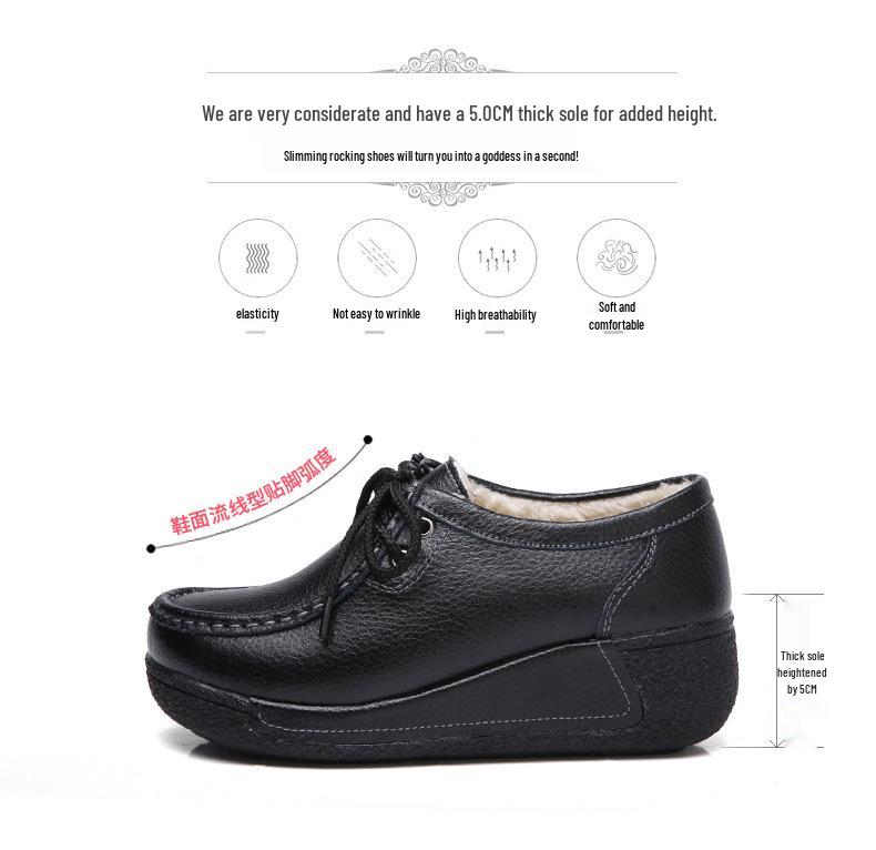Dámské mokasíny na platformě z pravé kůže v korejském stylu - Sametové, bavlněné, silná podrážka, zvyšující výšku, ležérní, všestranné, teplé boty