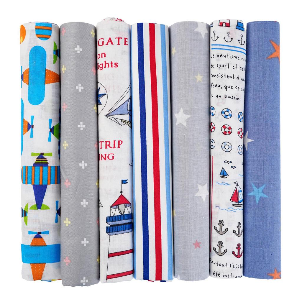 Sada 7 barevných patchworků: Bavlna v hladké vazbě, Květinová, Kostkovaná, Puntíkatá, Ručně vyrobená tkanina pro kutily.