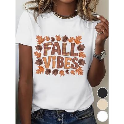 Women's Fall Vibes T-Shirt - Beige with Brown & Orange Autumn Lettering, Casual Everyday Top & Halloween Outfit, Machine Washable Suitable For,