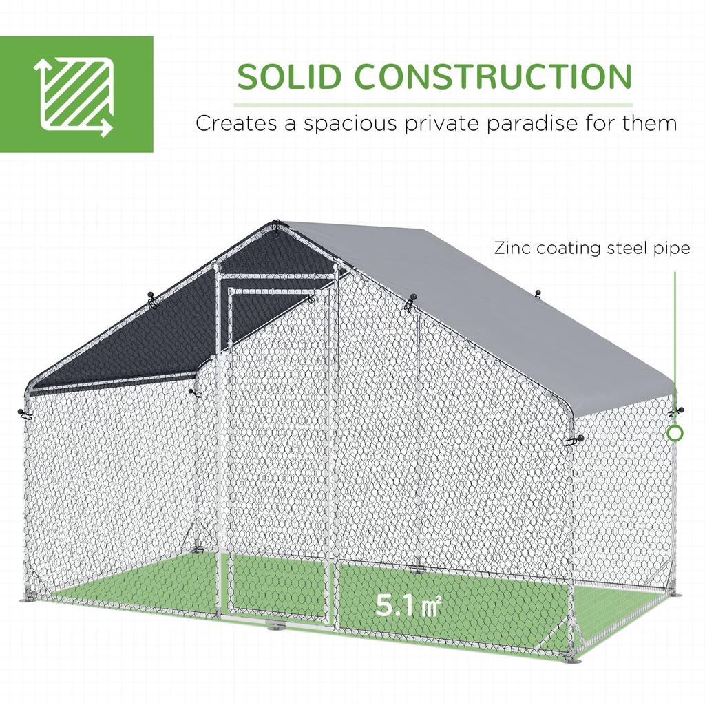 Galvanised Walk In Chicken Coop Hen House w/ Water-Resist Cover, 3 x 1.7 x 1.9m
