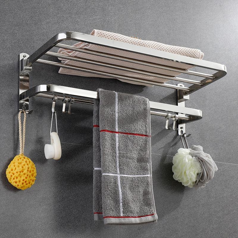 304 Stainless Steel Towel Bars Bathroom Storage Rack Non Punching Foldable Towel Storage Rack Space Saving Hardware Pendant