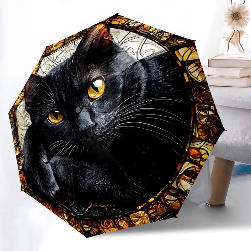 1pc Stained Glass Cat Decor Automatic Open/Close Umbrella, Compact Travel Umbrella, 8-Rib Sturdy Frame - Ideal Gift for Friends Yy251118065