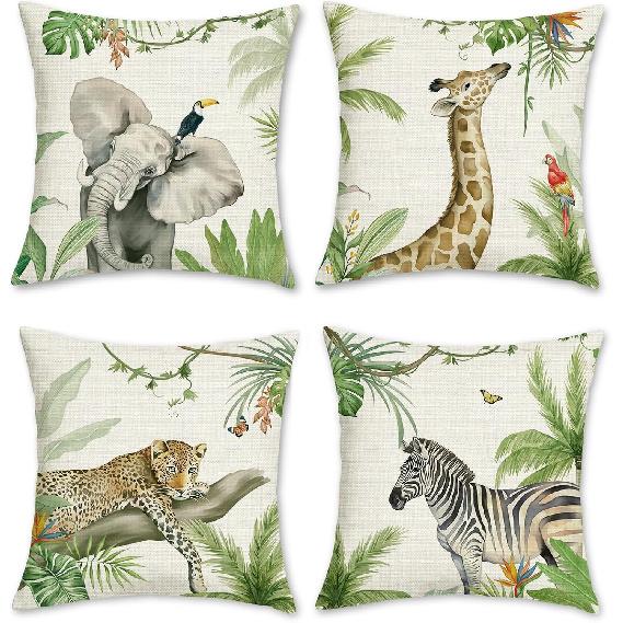 Bonhause Tropical Animals Throw Pillow Covers 18 x 18 Inch Elephant Giraffe Leopard Zebra Decorative Pillow Cases Summer Outdoor Cushion Covers for