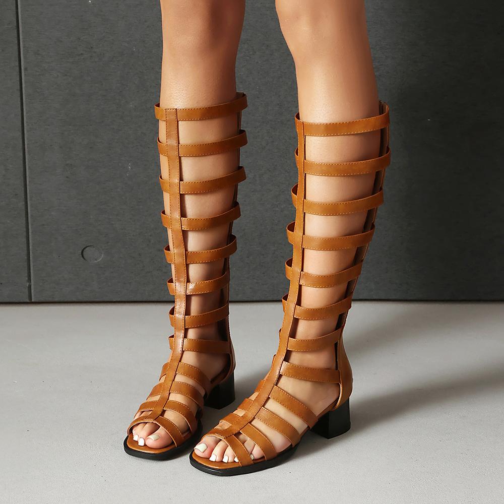 Brown Women Gladiator Sandals Med Block Heel Lady Casual Shoes Large Plus Size 48