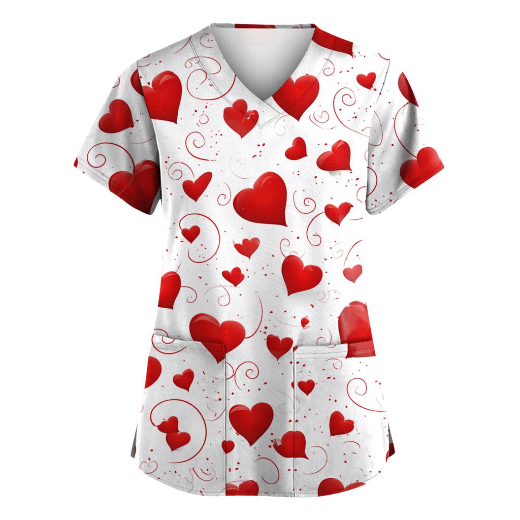 Women V Neck Printed Scrub Top Short Sleeve Uniform with Heart Pattern Two Front Pockets Comfortable Fit