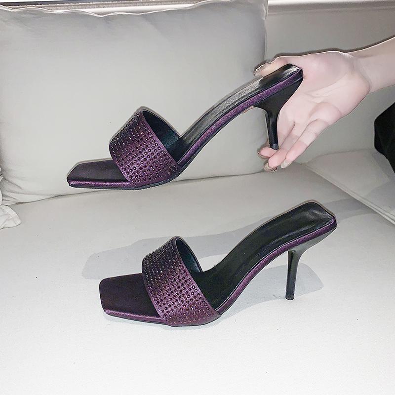 Fashion Square Toe Rhinestone Open Toe Stiletto Cool Drag 2025 Summer New Fashion Versatile Sexy High Heel Slip Sandals Women