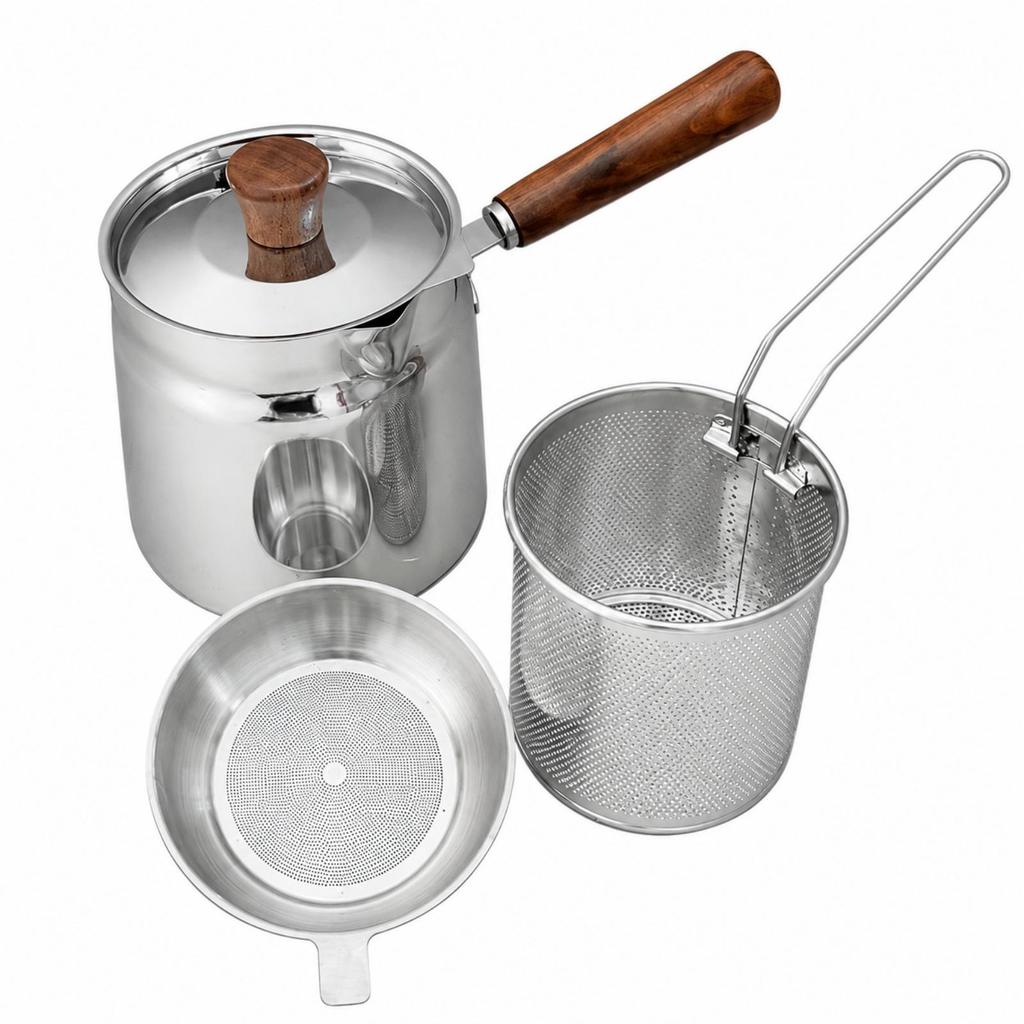 Stainless Steel Frying Pot Uncoated with Wooden-Look Handle Stovetop