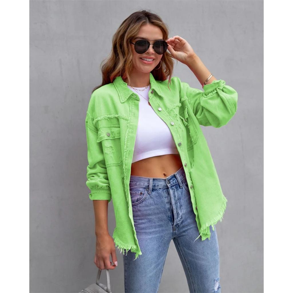 VAYLA Holes Raw-edges Denim Jacket Women Spring Autumn Shirt Style Jeancoat Casual Top Rose-Red Orange Purple Outerwear Lady Coat