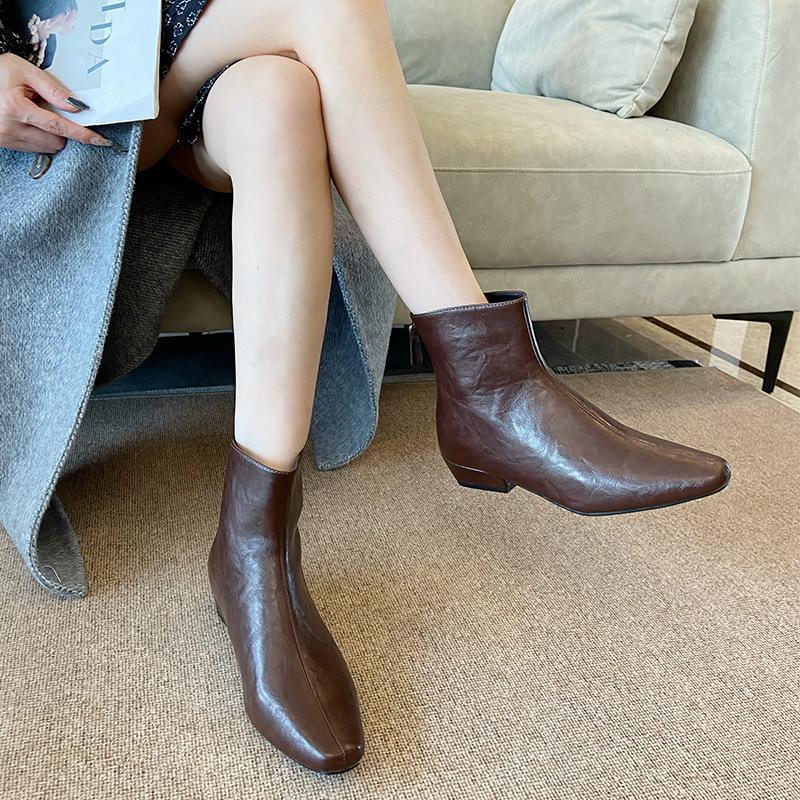 888-8 French 2025 new autumn and winter retro fashion boots rear zipper fleece thin thick heel short boots women