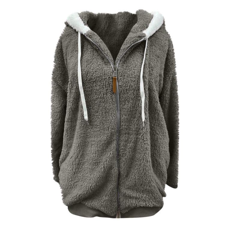 Winter Women Fashion Loose Plush Hooded Coat Long Sleeve Zipper Pocket Solid