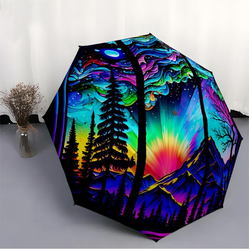 1pc StainedGlass Landscape Automatic Open/Close Umbrella with Folding Feature Compact Travel Umbrella, Lightweight Design, for Commuting129
