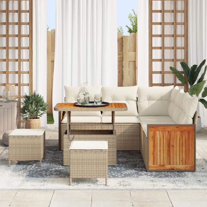 Ensemble de canapé de jardin 8 pièces avec coussins beige en poly rotin acacia, Canapé de jardin 2 places avec coussins 3363306