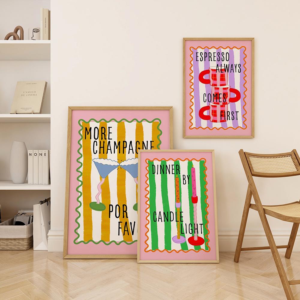 Funny Kitchen Print Espresso Coffee Tea Cup Candles Champagne Wine Posters Wall Art Canvas Painting for Diner Room Decor Picture