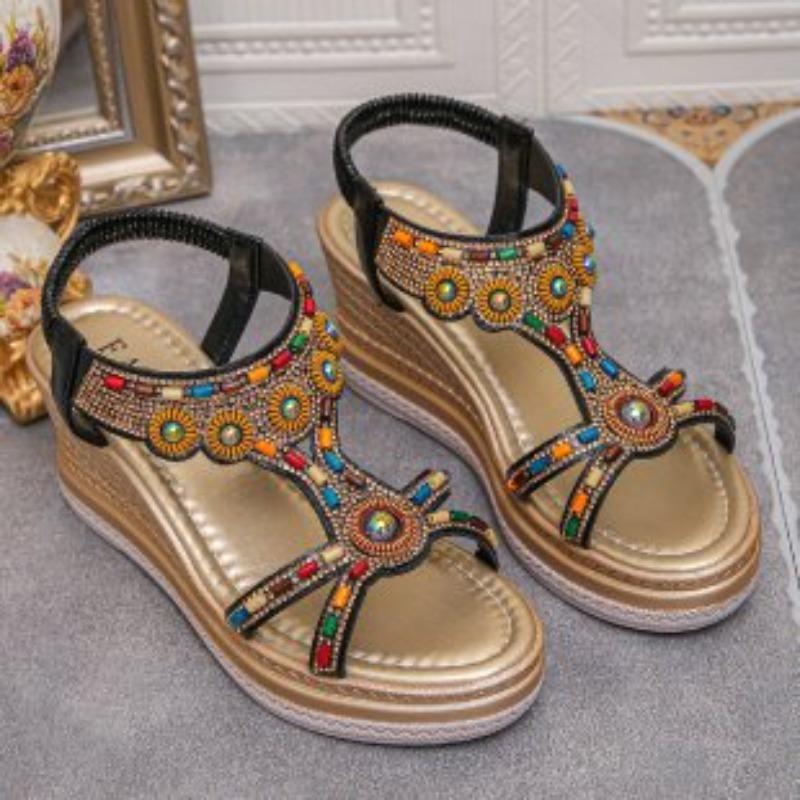 Women's Bohemian Beaded Elastic Strap Sandals, Rhinestone Platform Wedge Summer Shoes, Plus Size Fashion Footwear