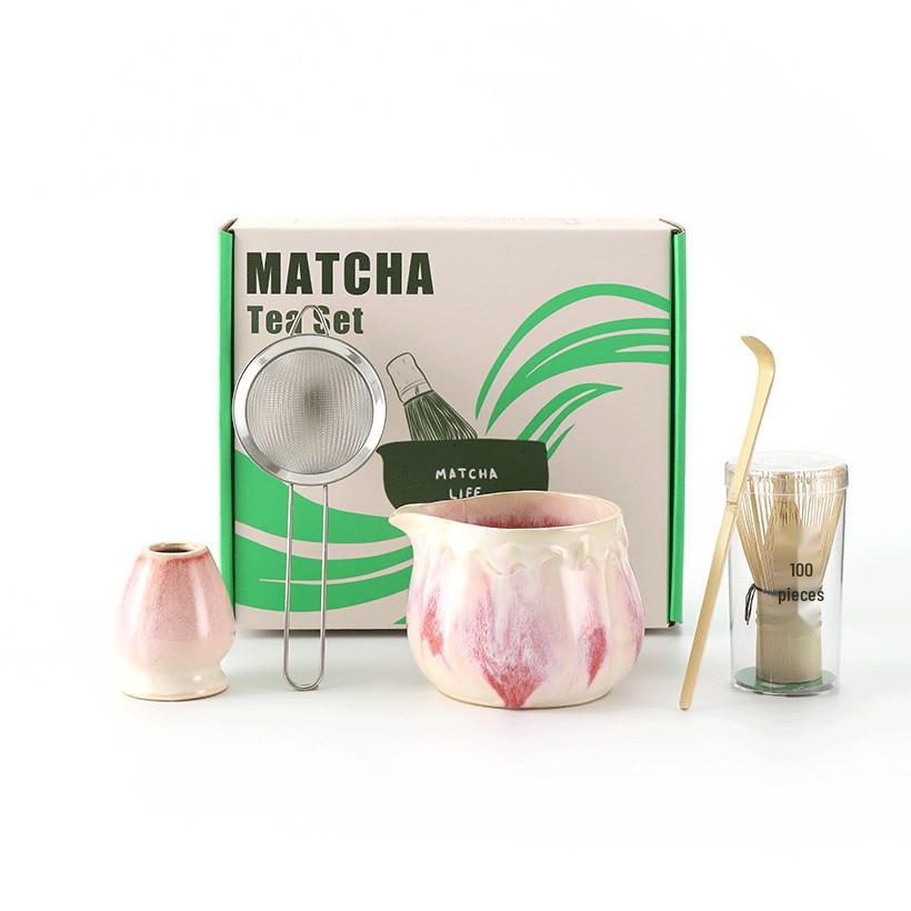 Ceramic Japanese Matcha Tea Ceremony Set with Hundred-Pronged Whisk, Holder, and Brush Lotus Leaf Wave Mouth
