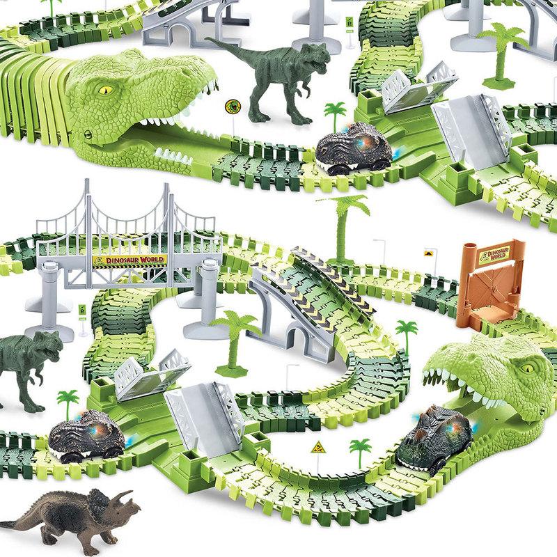 Dinosaur Race Track Set Rail Car Toys Assembly Bend Flex Racing Track Led Electronic Flash Light Car Toys for Children Years Gift