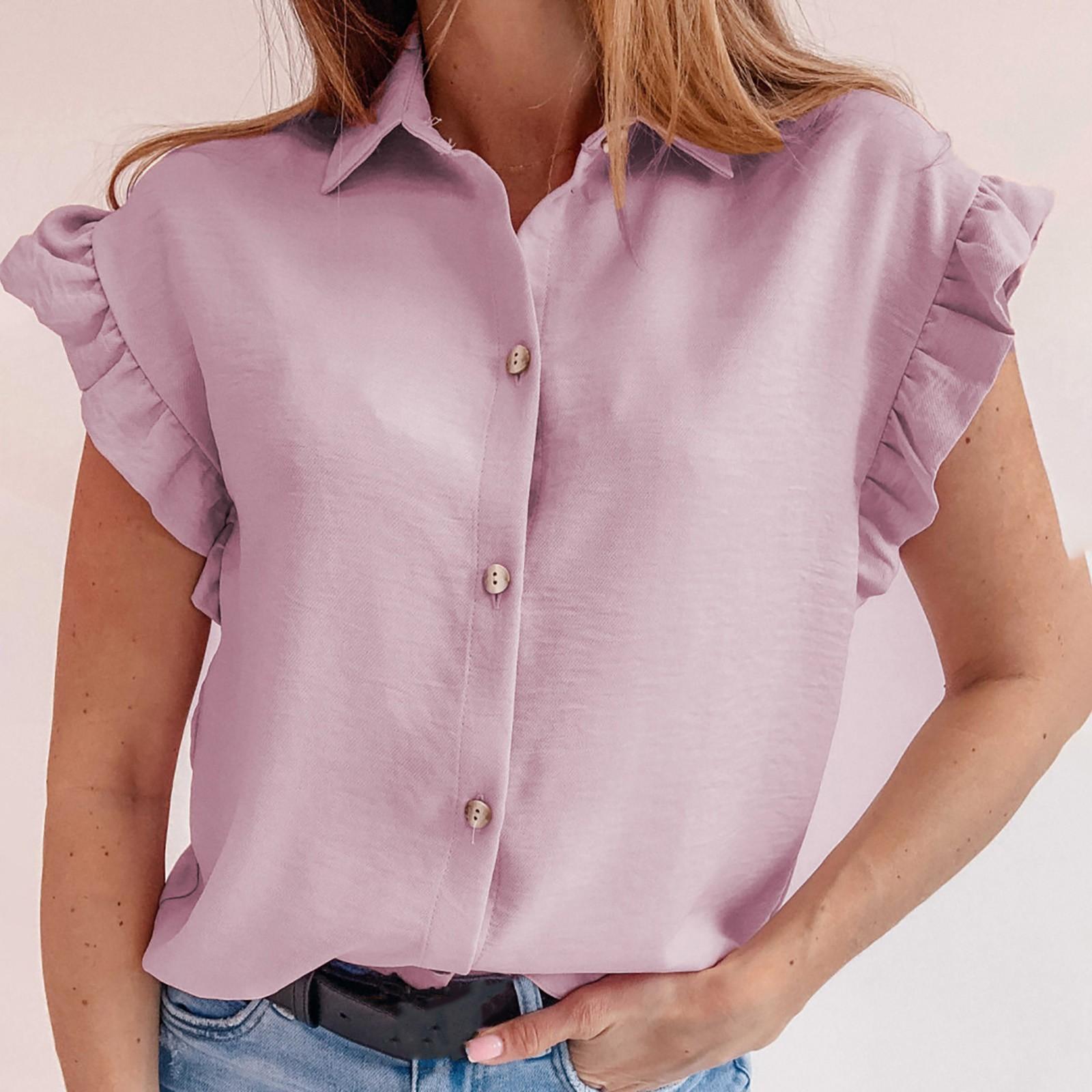 

Fashion Women s Casual Short-Sleeved Ruffled Single-breasted Shirt Collar Top XL