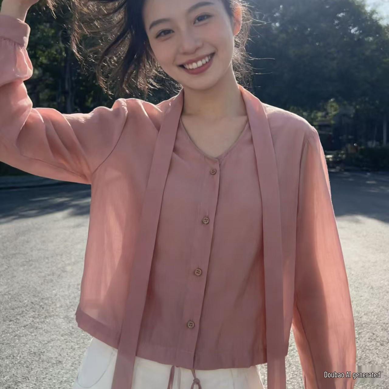

S038 Elegant Lace-Up Drape Shirt - Spring/Autumn Fashion L 113-126 lbs розовый