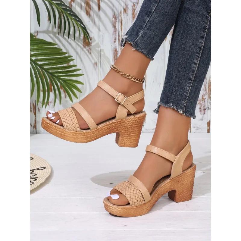 

2024 Summer Round Head Chunky Heel Comfort Versatile Roman Shoes Women Fashion High Heel Designer Sandalias De Mujer Slides 36 темного кольору хакі