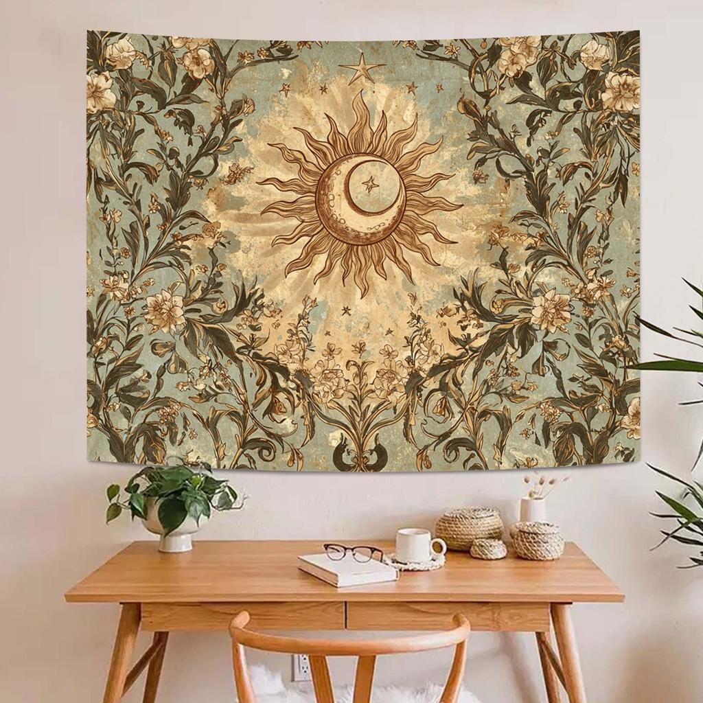 Vintage Bohemian Wall Hanging Sun Moon Floral Retro Mystery View Tapestry Living Room Bedroom Dormitory Room Home Decor