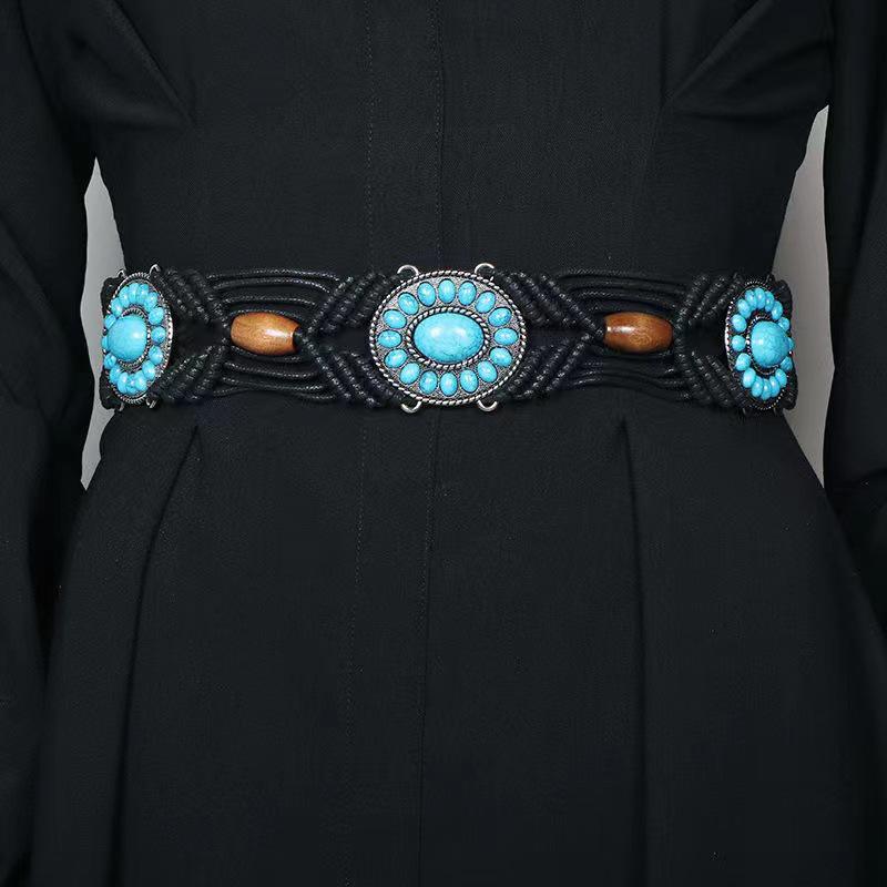 Bohemian Alloy Turquoise Resin Bead Woven Waist Rope for Women