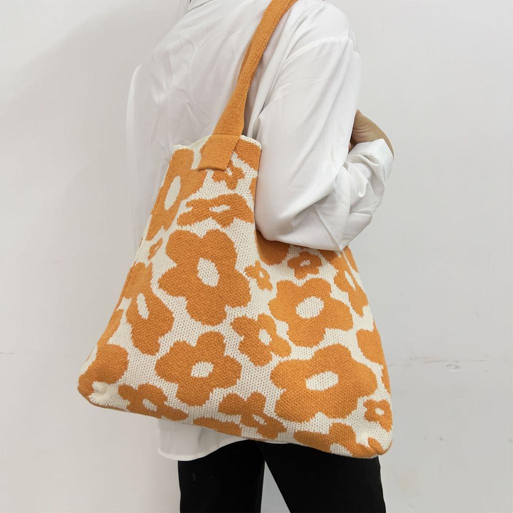 Beautiful Handbag Large Capacity Tote Bag Flower Pattern Knitted Bag Shoulder Bag Beach Bag for Street Shooting