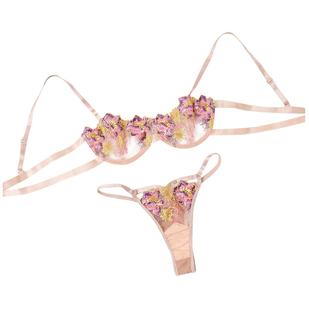 Women Lace Embroidered Lingerie Set Sheer Mesh Bra and Panty Two Piece Underwear Set Adjustable Straps and Hook Closure