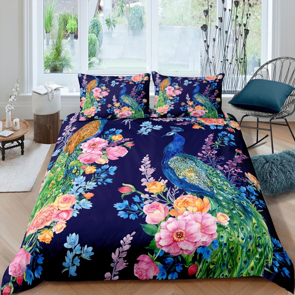 Peacock Duvet Cover King Queen Size Hummingbird Dragonfly Bedding Set Flowers Birds Quilt Cover Floral Animals Comforter Cover