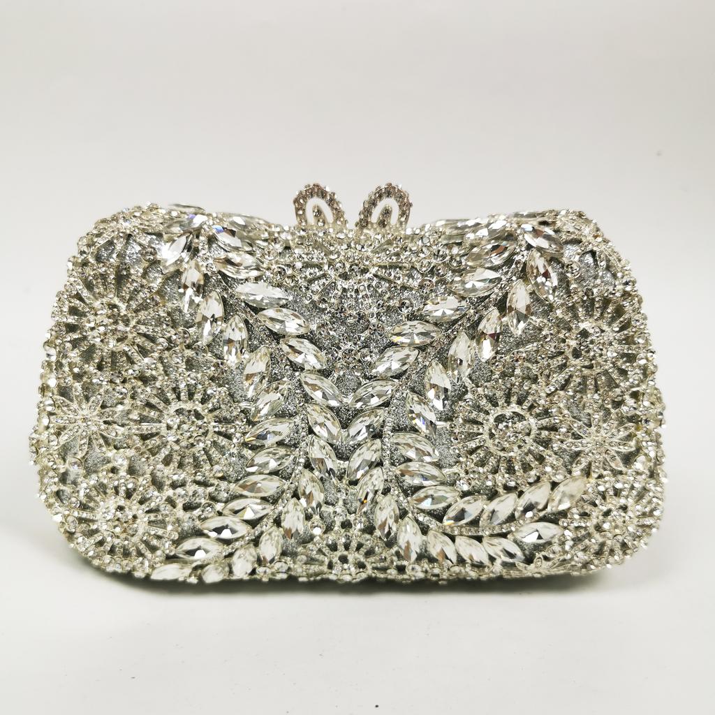 WHTUOHENG Bolso de Noche de Cristal Plateado Carteras de Diamantes Rhinestone Mujeres Carteras de Rhinestone Bolsos de Boda y Baile de Fin de Curso Bolso de Mano para Cena