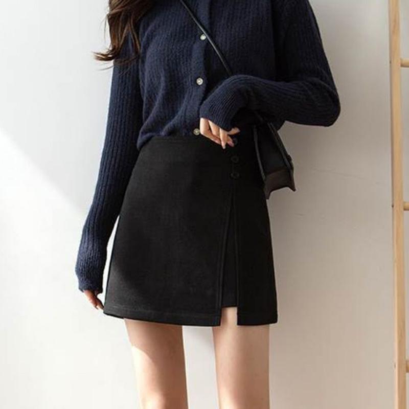 

Black Woolen Skirt, Women s New Irregular A-line Skirt, Slimming and Slit High Waisted Elegant Short Skirt S чёрный