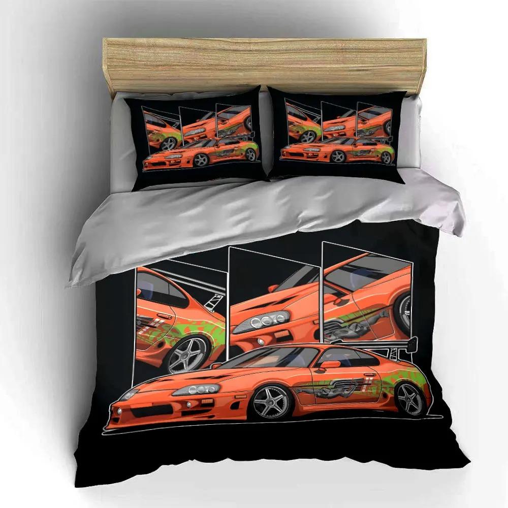 Orange Modified Sports Car Pattern Duvet Cover Pillowcase Bedding Set Kids Boy Girl Bedroom Decoration Single Double Queen Size