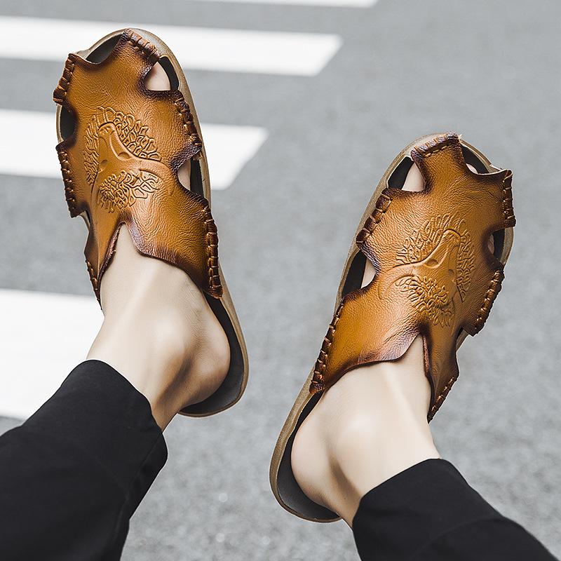 Summer Genuine Leather Men's Sandals Classic Breathable Slip-On Sandals Men Casual Beach Shoes Outdoor Slippers Plus Size2024