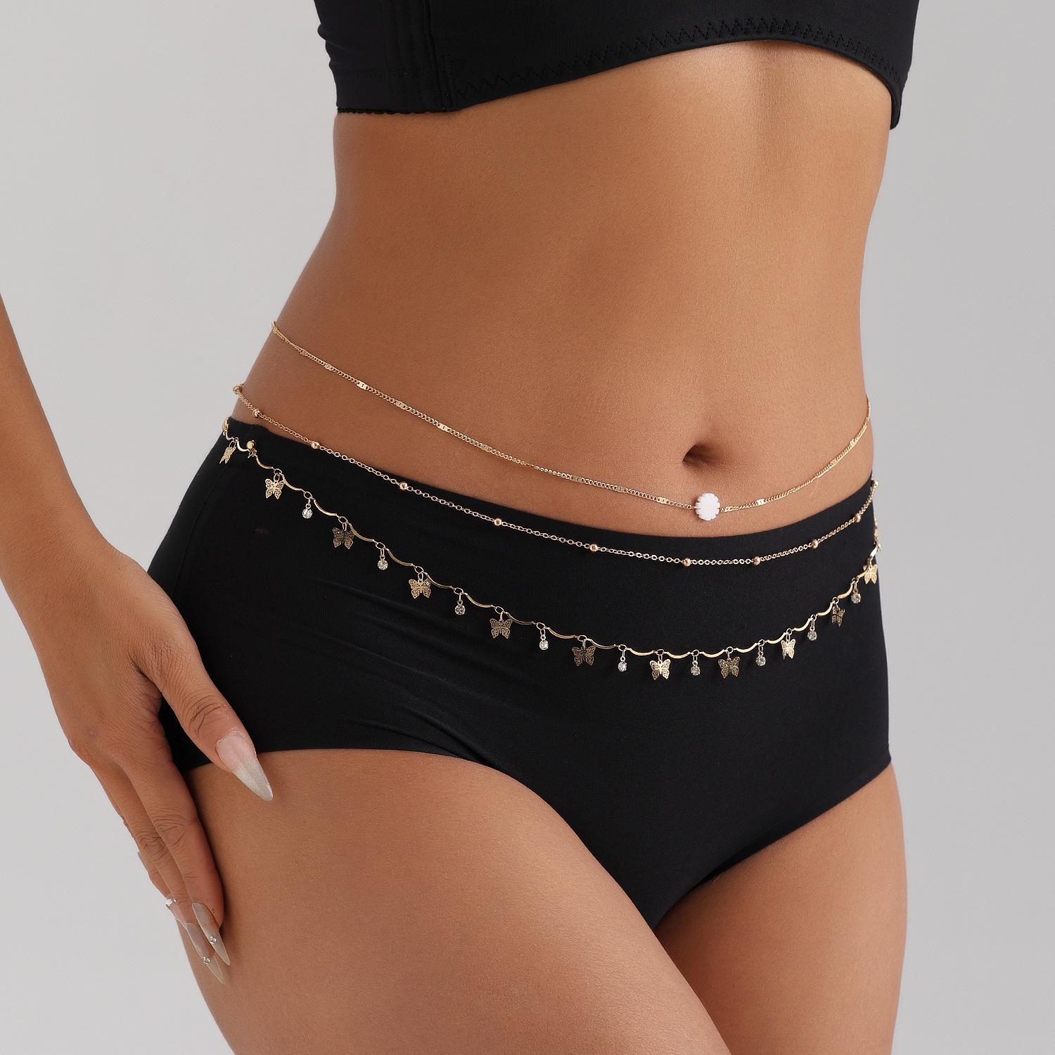 

European and American summer sexy multi-layer metal waist chain, fashionable fringed butterfly rhinestone flower body chain золотой