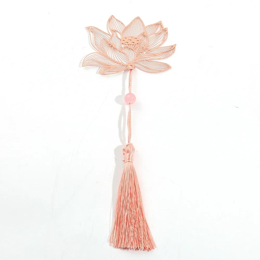 Pink Flower Metal Hollow Bookmarks With Tassel Pendant Apricot Leaf Lotus Rose Bookmark Gifts For Teachers Friends Book Lovers