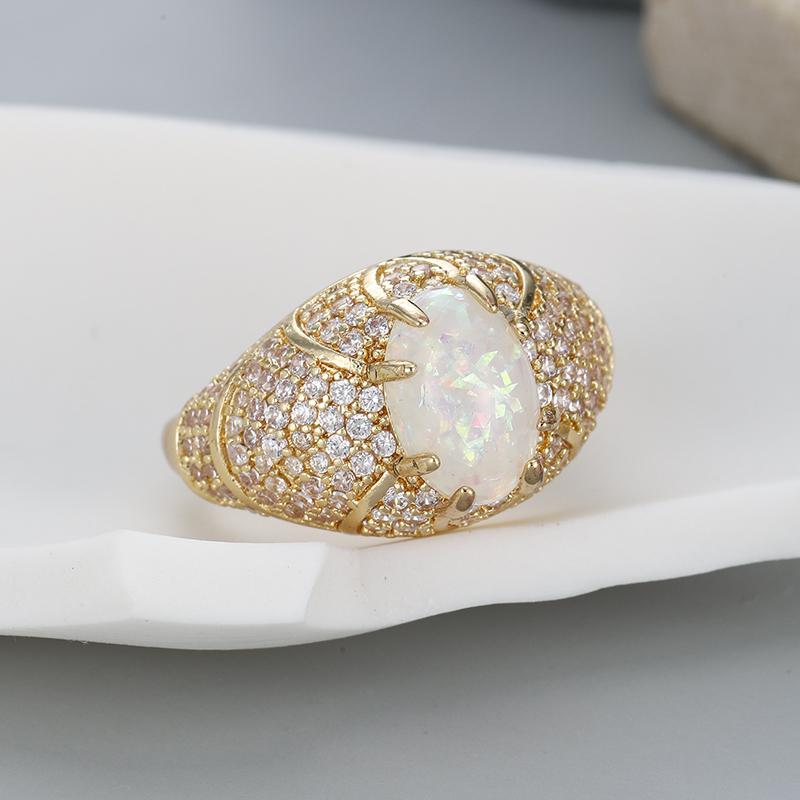 Aesthetic Inlaid Imitation Opal White CZ Women's Ring Sparkling Gold Color Geometry Daily Wear Party Jewelry Anniversary Gift