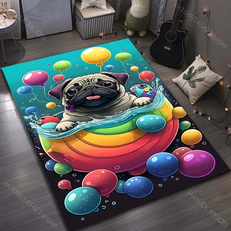 17 Stile Niedlicher Mops-Druck Teppich für Wohnzimmer Schlafzimmer Sofa Fußmatte Heimdekor Bereichsteppich Rutschfeste Bodenmatte Große Größe