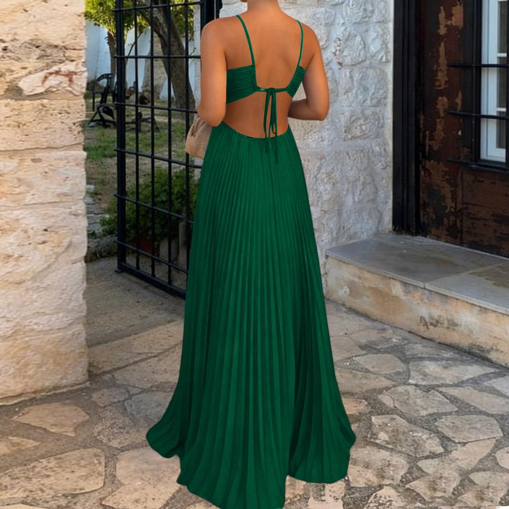 Women’s Pleated Maxi Dress with Spaghetti Straps Square Neck Backless Design Lightweight Flowing Fabric for Summer