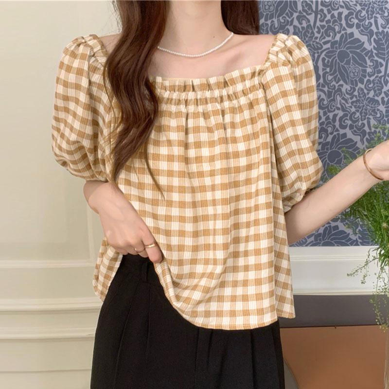 

ZANZEA Womens Casual Square Neck Summer Loose Half Sleeve Plaid Blouse 5XL хакі