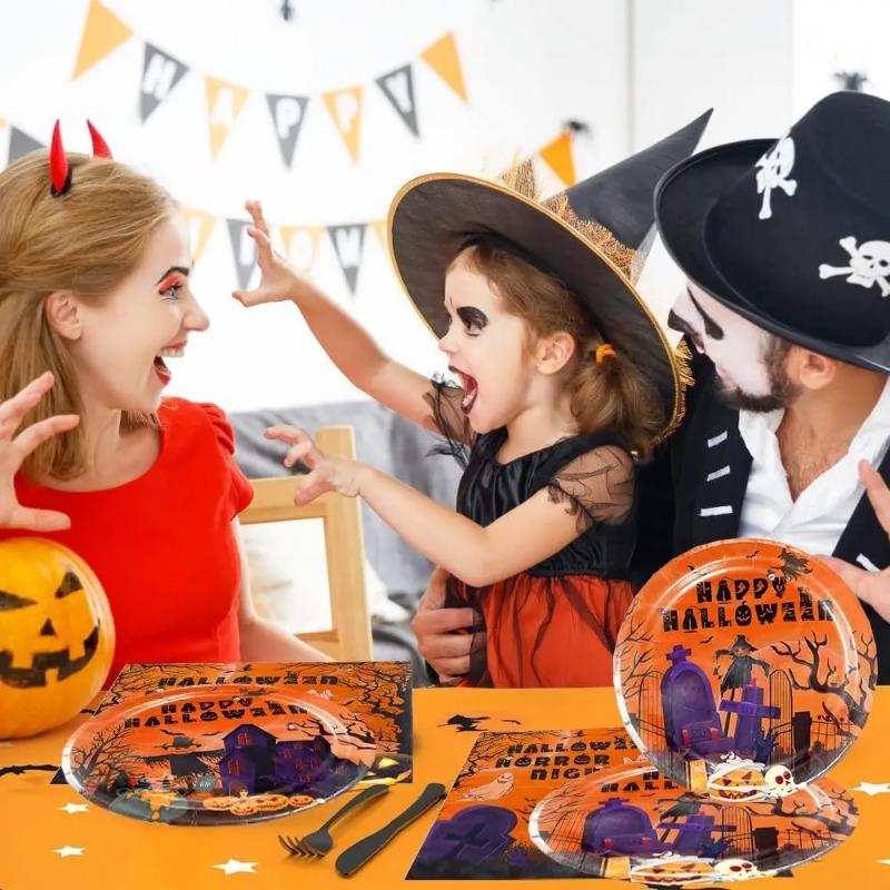 Halloween Disposable Tableware Set with Tablecloth Paper Plates Cups Napkins Spoons Forks Knives Festive Party Supplies