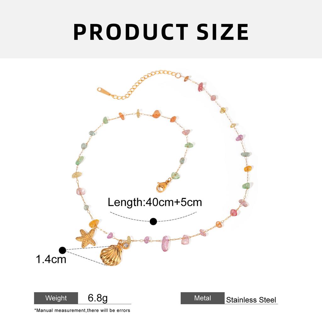 Vintage Style Crushed Stone Neck Chain Waterproof Stainless Steel Necklace With Sea Themed Charms for Daily Wear Travel
