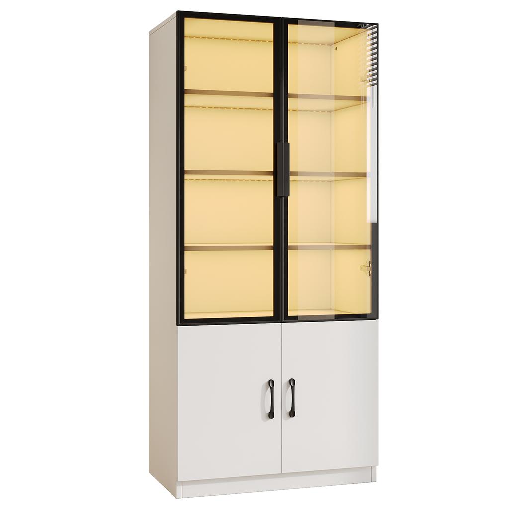 120*40*160 cm Combination Display Cabinet with LED Lighting – Made of Smoked Glass with Aluminum Frame and Two Doors in the Lower Section, Sideboard