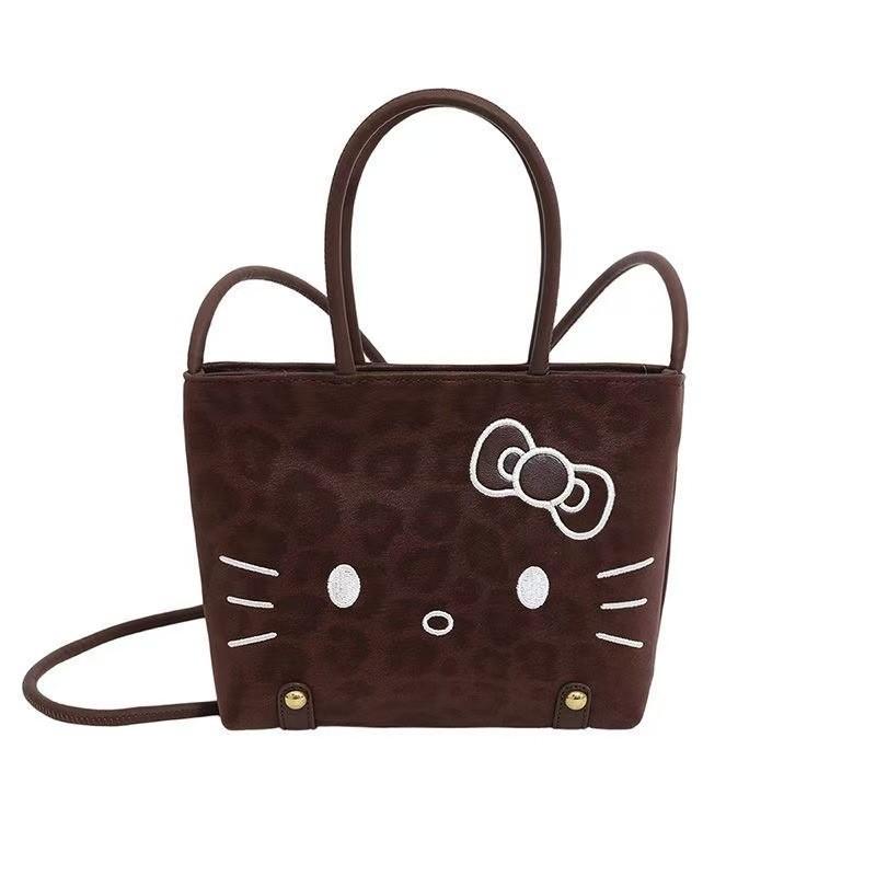 Retro Hello Kitty Plaid Shoulder Bag For Women With Pu Material And Casual Style Cat Coffee