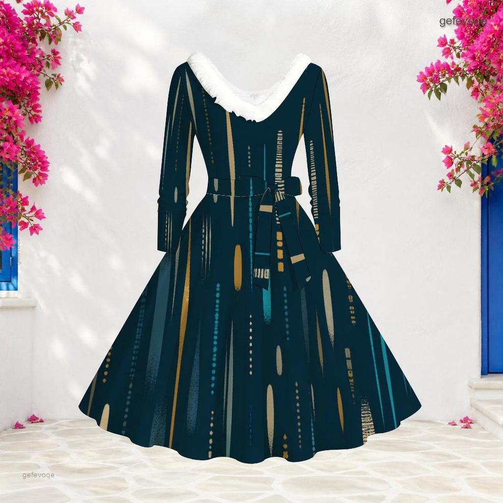 Women Plus Size Furry V Neck Long Sleeve Dark Blue Abstract Print Belted A Line Midi Dress