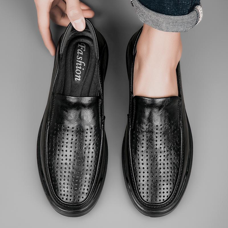 Business Men Genuine Leather Shoes Leather Anti-slip Rubber Loafers  Man Casual Shoes Summer Breathable Hollow Out Leather Shoes