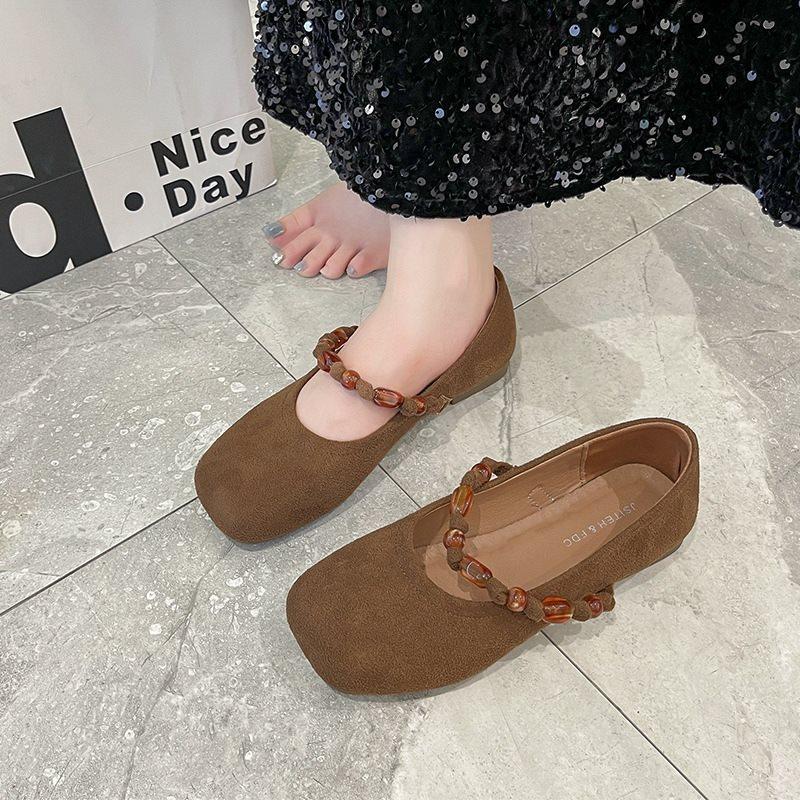 Skirt Mary Jane Shoes with 2025 Shallow Single Shoes Women's New Beaded Gentle National Style Flat Autumn Beanie Shoes No