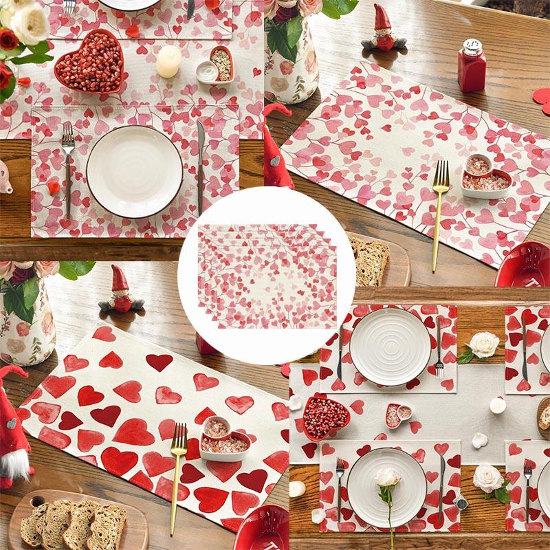 Pink Love Valentine's Day Placemats Set of 4, 12x18 Inch Seasonal Anniversary Wedding Table Mats for Party Kitchen Dining Decoration